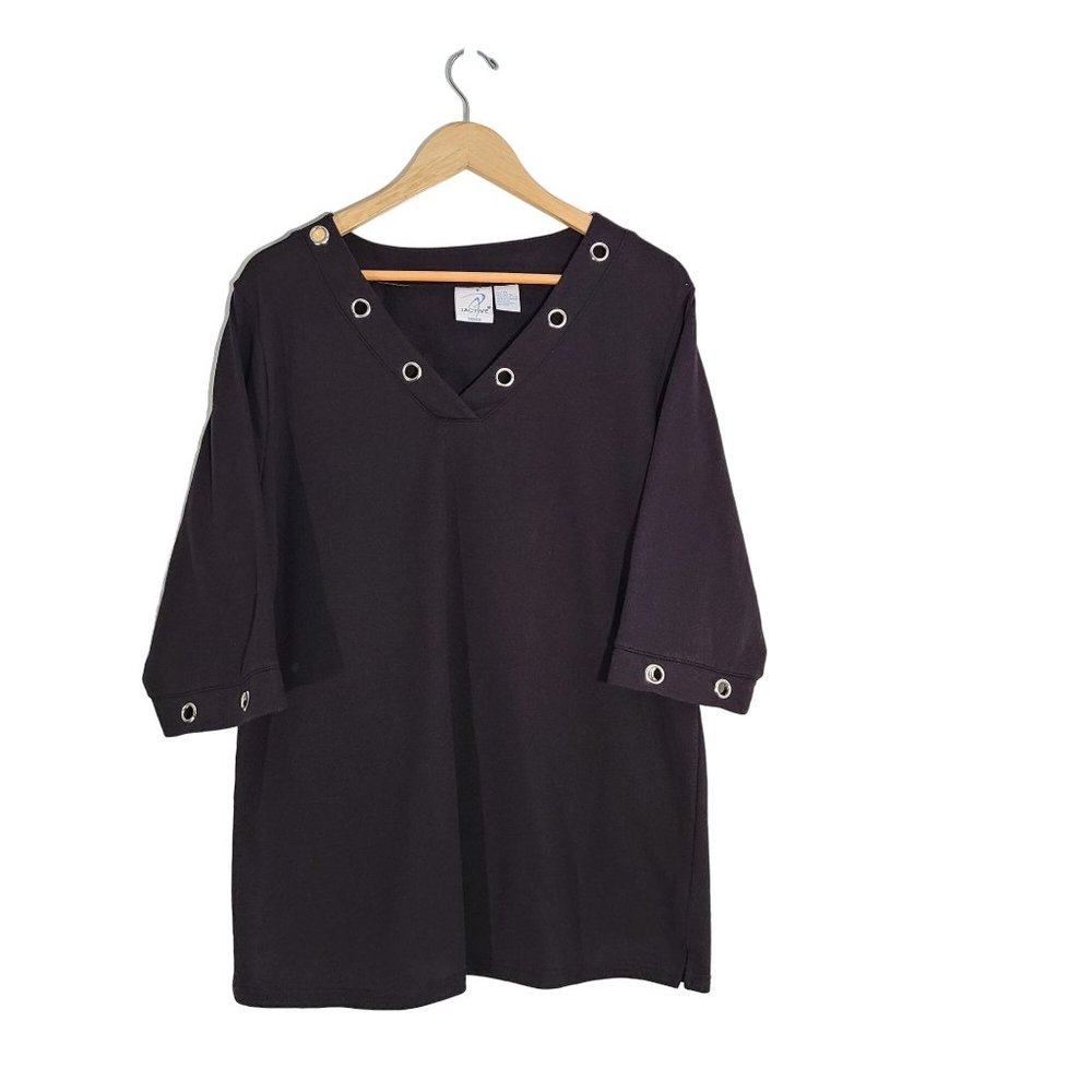 IActive Women Silver Grommet V Neck Black Blouse Size 1X 3/4 Sleeve
